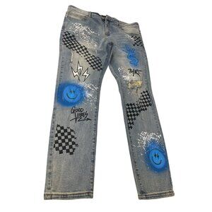 THRT Mens Blue Graffiti Y2K Denim Jeans Size 40x31SKU 8548